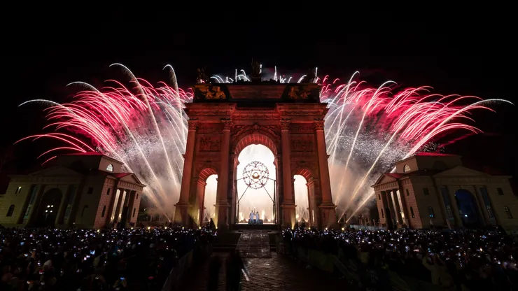 A firework display is seen at the Arco della Pace after the lighting of the Olympic cauldron during the opening ceremony.