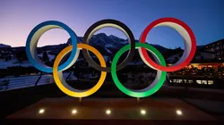 A general view of the Olympic rings in front of the Olympia delle Tofane ski run in 2026.