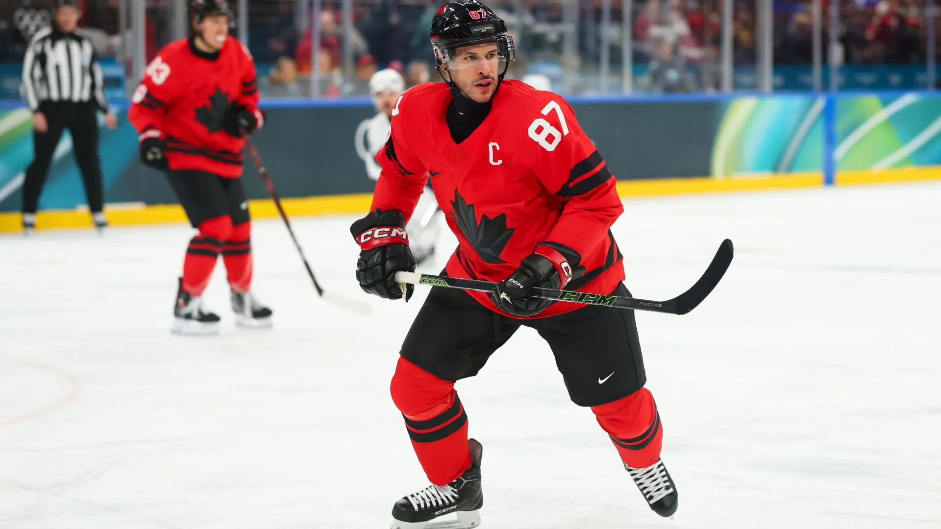 Sidney Crosby #87 of Team Canada skates in the first period during the Men’s Preliminary Group A match. Gregory Shamus/Getty Images