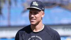 Aaron Judge #99 of the New York Yankees warms up.