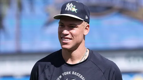 Aaron Judge #99 of the New York Yankees warms up.