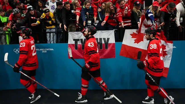 Team Canada acknowledges the fans after the team’s 3-2 victory vs Finland. (Getty Images)