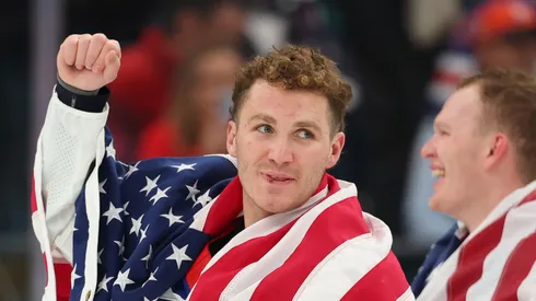 Matthew Tkachuk #19 of Team United States celebrates