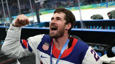 Dylan Larkin celebrating after the gold medal game