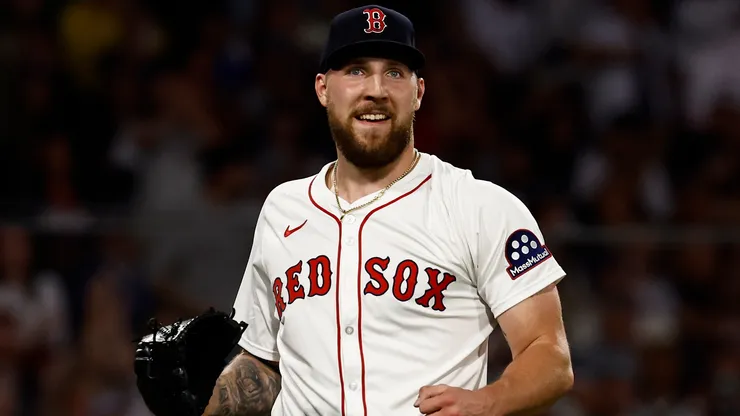 Garrett Crochet #35 of the Boston Red Sox during the end of the third inning in 2025.