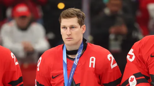 Nathan MacKinnon during the medal ceremony at 2026 Winter Olympics