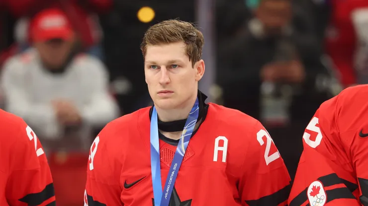 Nathan MacKinnon during the medal ceremony at 2026 Winter Olympics
