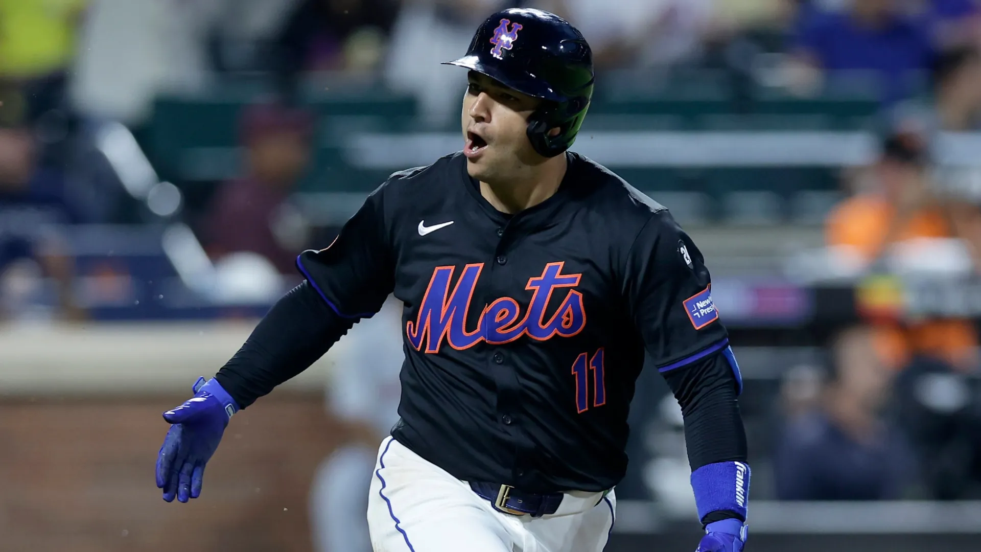 Jose Iglesias #11 with the Mets reacts after his sixth inning two run base on July 10, 2024. Jim McIsaac/Getty Images