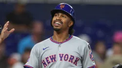 Francisco Lindor #12 of the Mets reacts during the first inning against the Marlins.