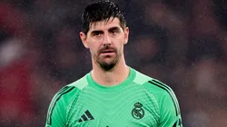 Thibaut Courtois of Real Madrid reacts at the end of the UEFA Champions League match against Benfica.