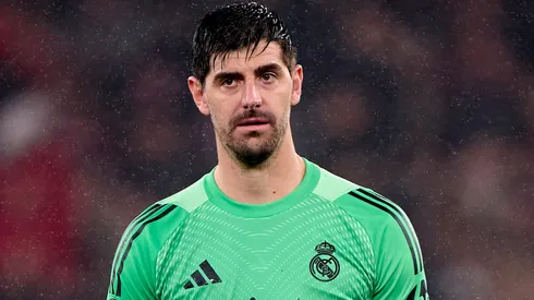 Thibaut Courtois of Real Madrid reacts at the end of the UEFA Champions League match against Benfica.