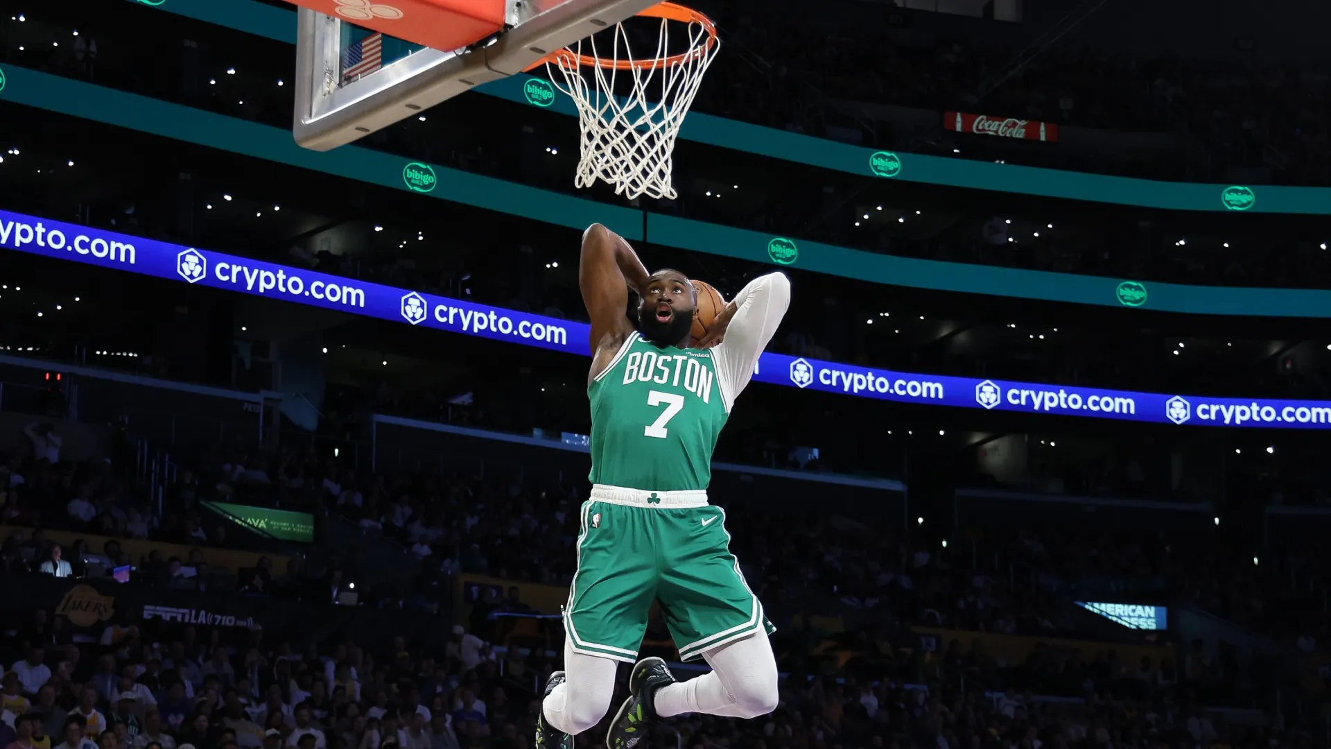 Jaylen Brown of the Celtics dunks during the first half of their game against the Los Angeles Lakers in 2026 (Source: Luiza Moraes/Getty Images)
