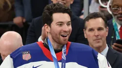 Jeremy Swayman during the Milano Cortina 2026 Winter Olympic games in Milan, Italy