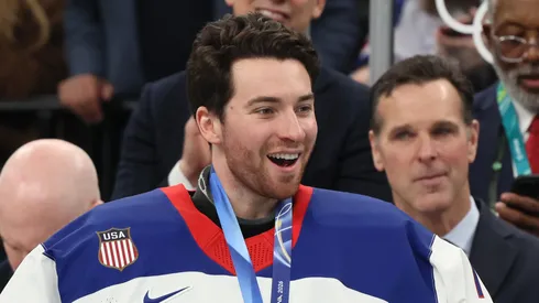 Jeremy Swayman during the Milano Cortina 2026 Winter Olympic games in Milan, Italy