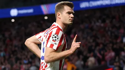 Alexander Sorloth celebrates a goal for Atletico Madrid.