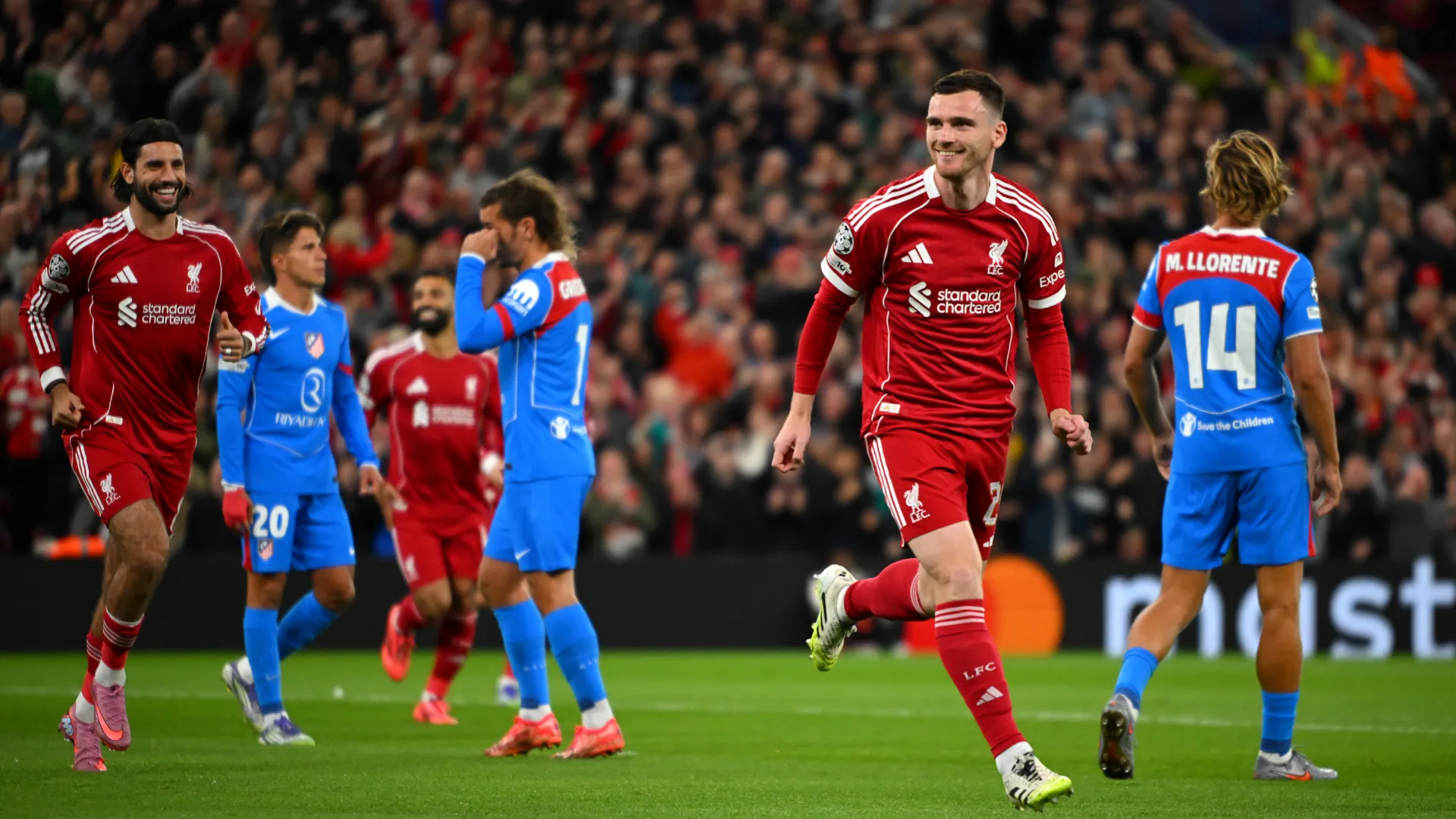 Andrew Robertson celebrates a goal against Atletico Madrid. (Getty Images)