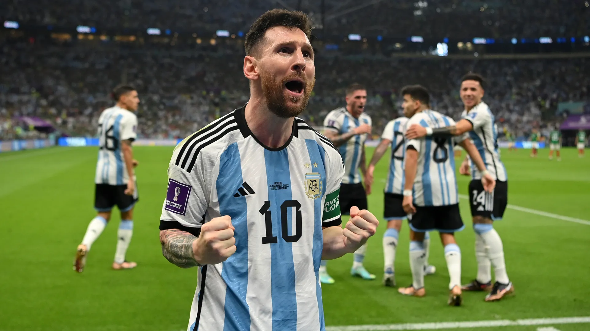 Lionel Messi celebrates his goal vs Mexico in Qatar. (Getty Images)