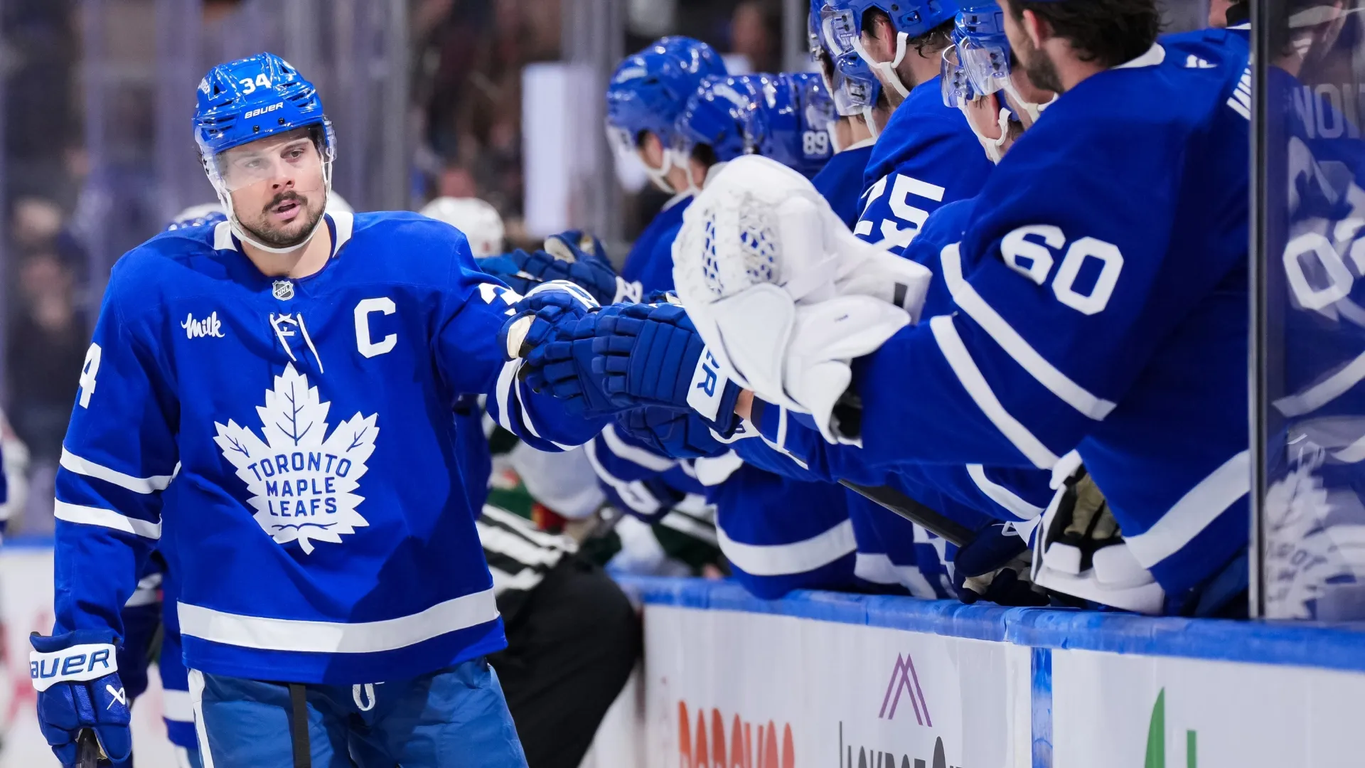 Auston Matthews #34 of the Toronto Maple Leafs celebrates a third-period goal in 2026 (Source: Chris Tanouye/Getty Images)