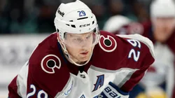 Nathan MacKinnon #29 of the Colorado Avalanche looks on against the Seattle Kraken in 2025.