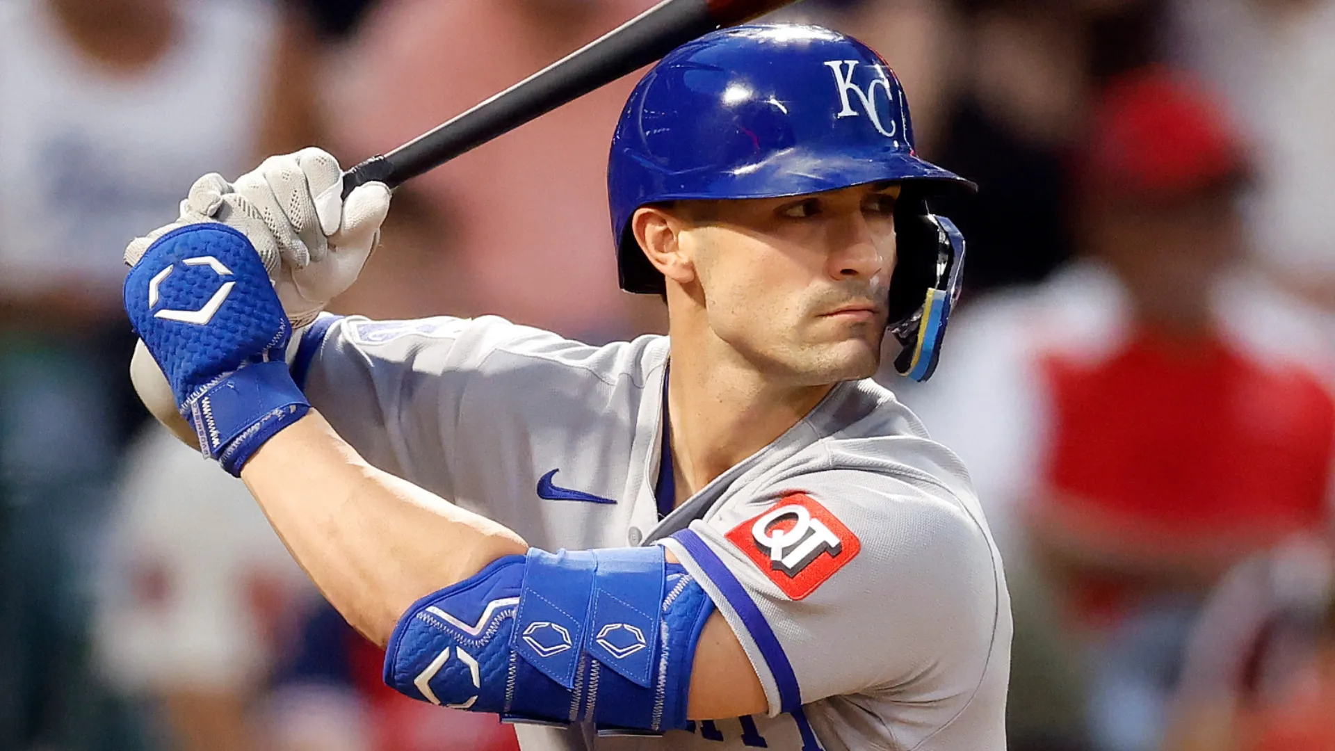 Randal Grichuk #15 of the Royals at bat against the Angels. Ronald Martinez/Getty Images