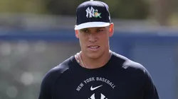 Aaron Judge #99 of the New York Yankees warms up during team workouts.