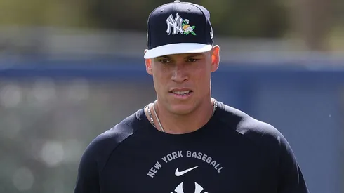 Aaron Judge #99 of the New York Yankees warms up during team workouts.