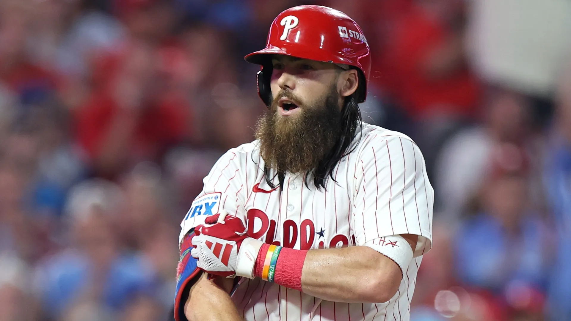 Brandon Marsh #16 of the Phillies looks on after a walk. Emilee Chinn/Getty Images