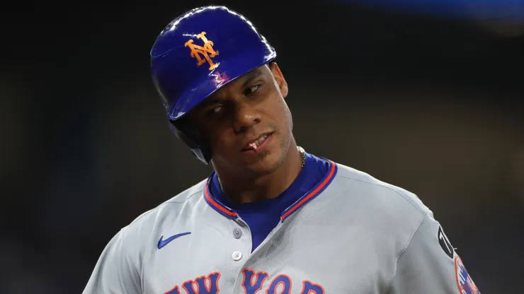 Juan Soto #22 of the New York Mets reacts after striking out.