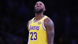 LeBron James #23 of the Los Angeles Lakers celebrates a play.