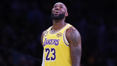 LeBron James #23 of the Los Angeles Lakers celebrates a play.
