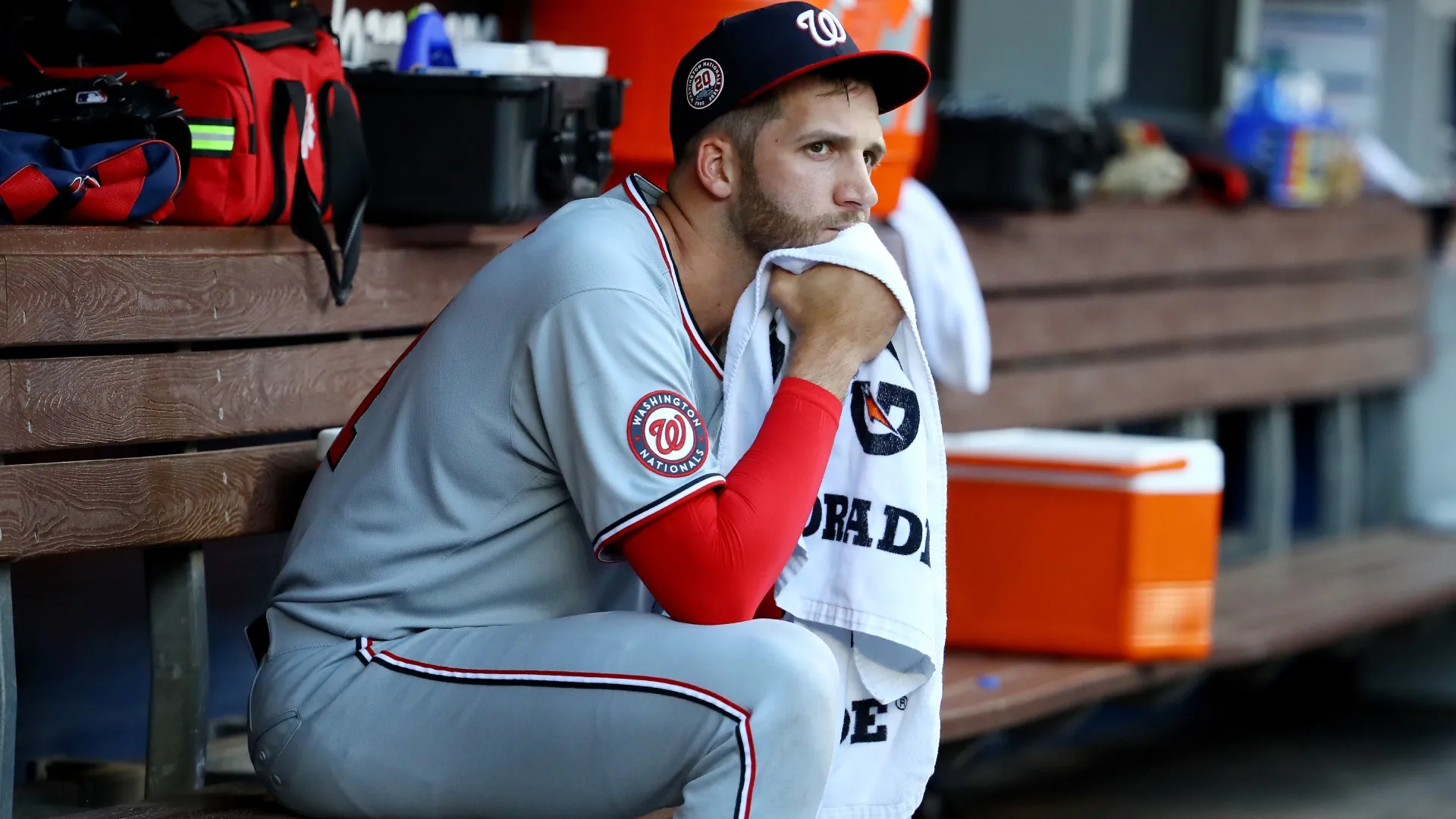 Colin Poche #41 with the Nationals looks on after been substituted. Leonardo Fernandez/Getty Images