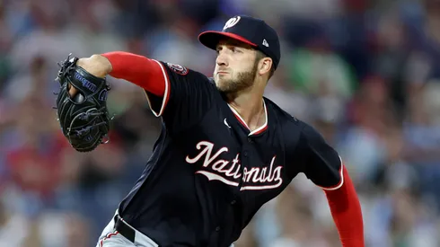 Colin Poche #41 with the Nationals pitches during a game.
