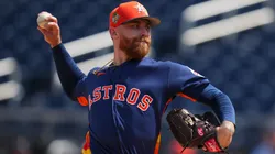 Mike Burrows #50 of the Houston Astros throws a pitch in 2026.