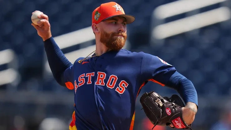 Mike Burrows #50 of the Houston Astros throws a pitch in 2026.