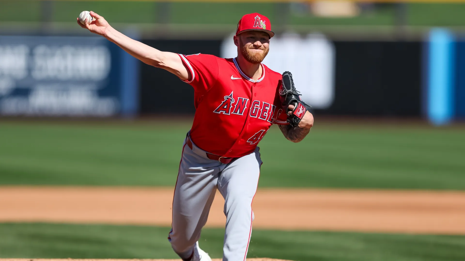 Sam Bachman of the Angels warms up during a spring training game in 2026 (Source: Mike Christy/Getty Images)