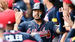 Chadwick Tromp #38 of the Atlanta Braves celebrates with teammates in the dugout in 2026.