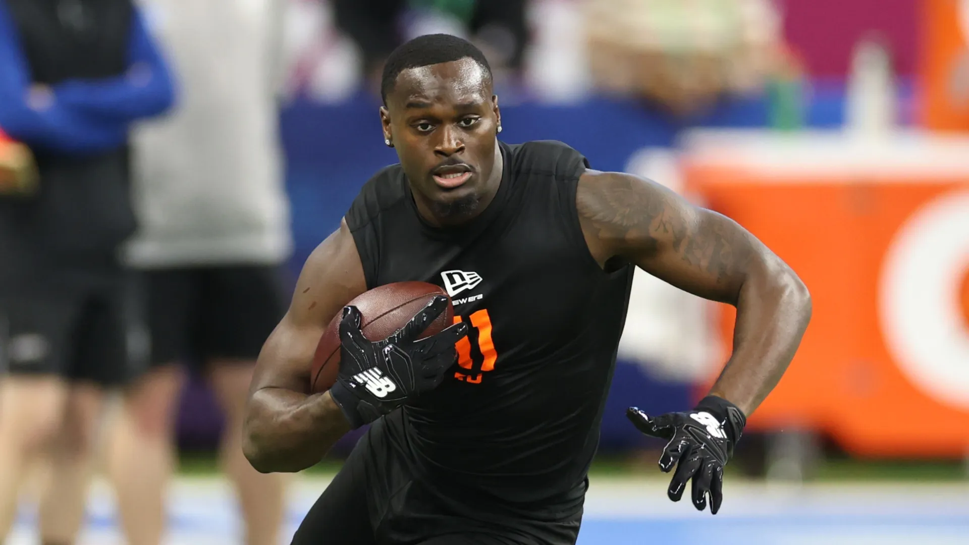 Jeremiyah Love during a drill at the 2026 NFL Combine.