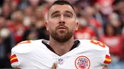 Travis Kelce #87 of the Kansas City Chiefs looks on prior to a game in 2026.