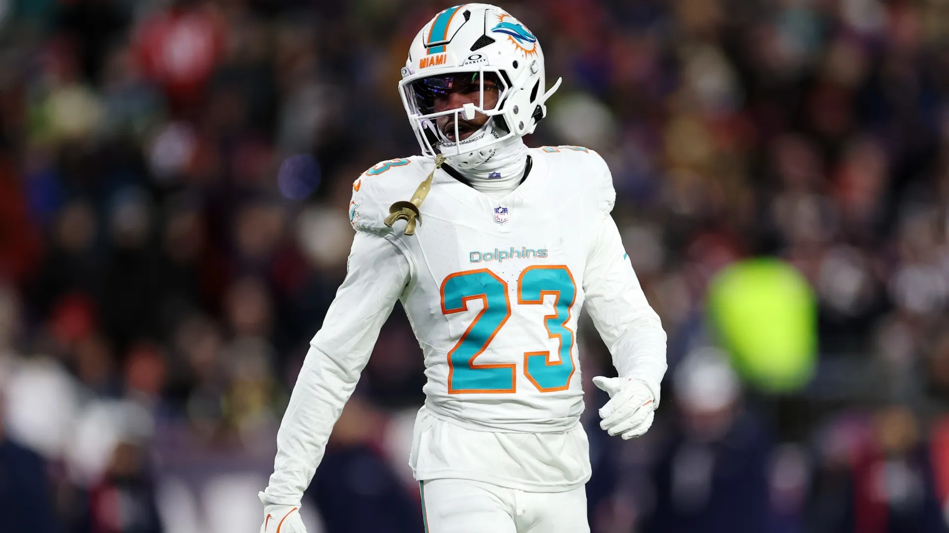 Jack Jones #23 of the Dolphins in action during a game in 2026 (Source: Sarah Stier/Getty Images)
