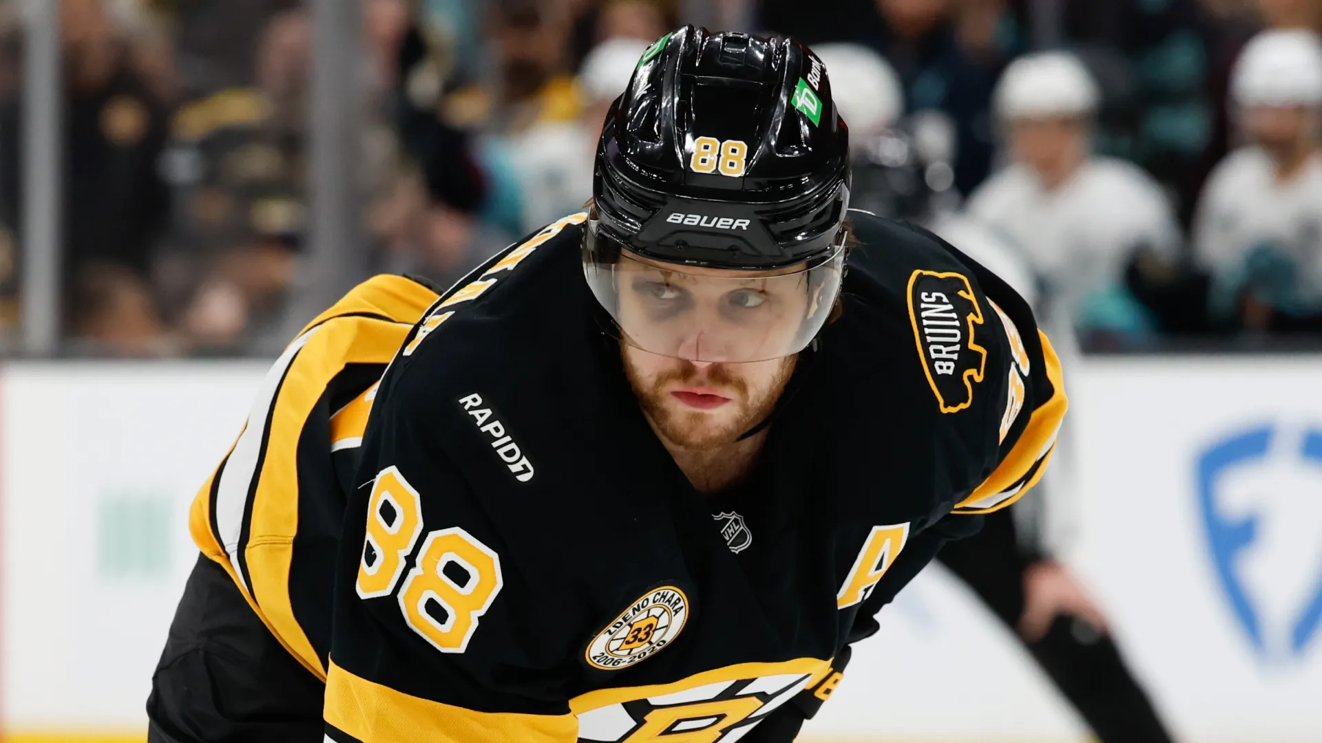 David Pastrnak before a face-off