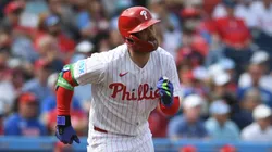 Bryce Harper #3 of the Philadelphia Phillies hits a double.