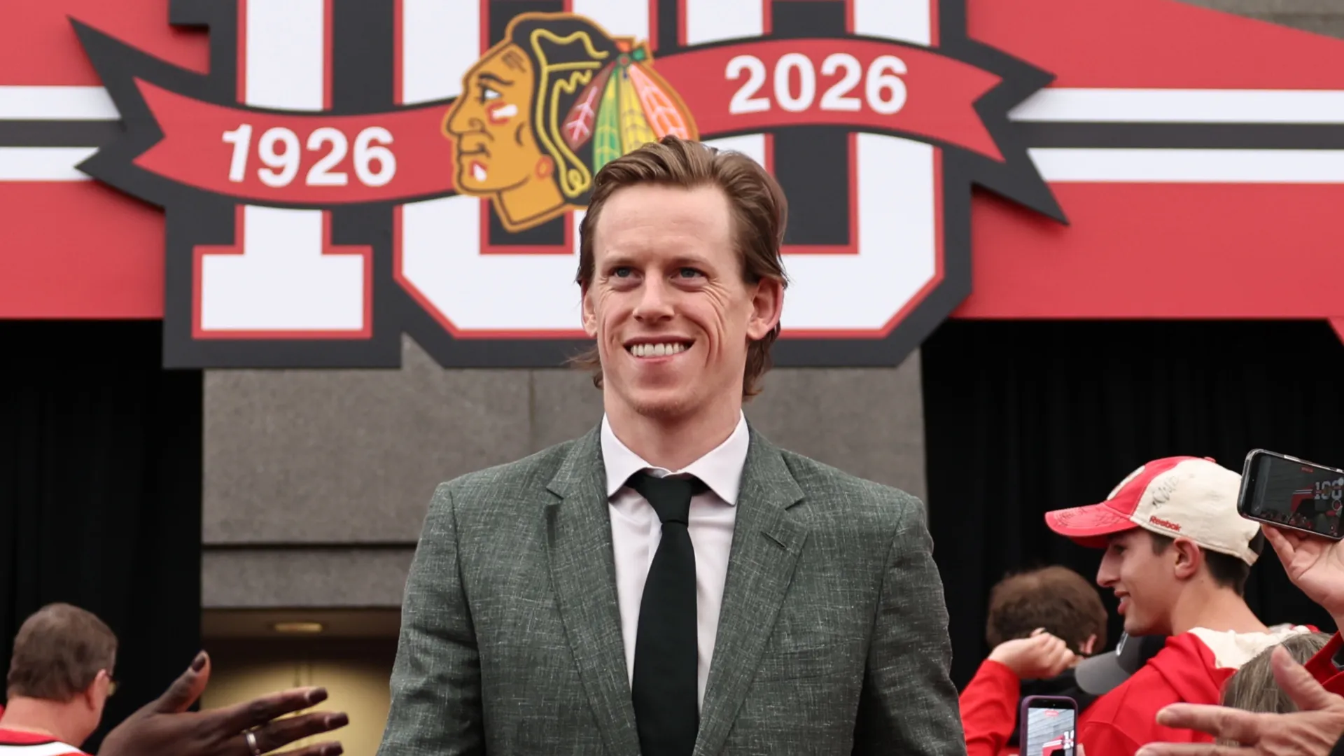Connor Murphy greeting Blackhawks fans