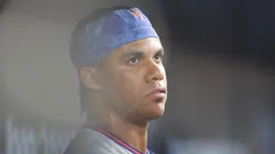 Juan Soto looks on before a game.