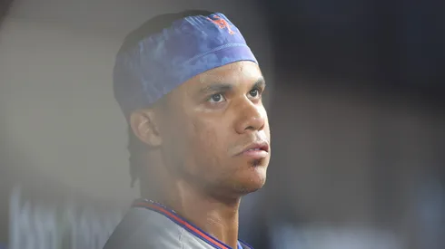 Juan Soto looks on before a game.