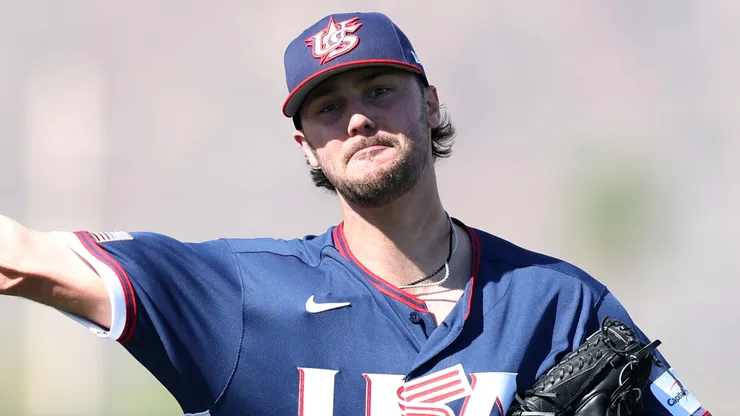 Pitcher Paul Skenes #30 of Team USA throws during a workout.