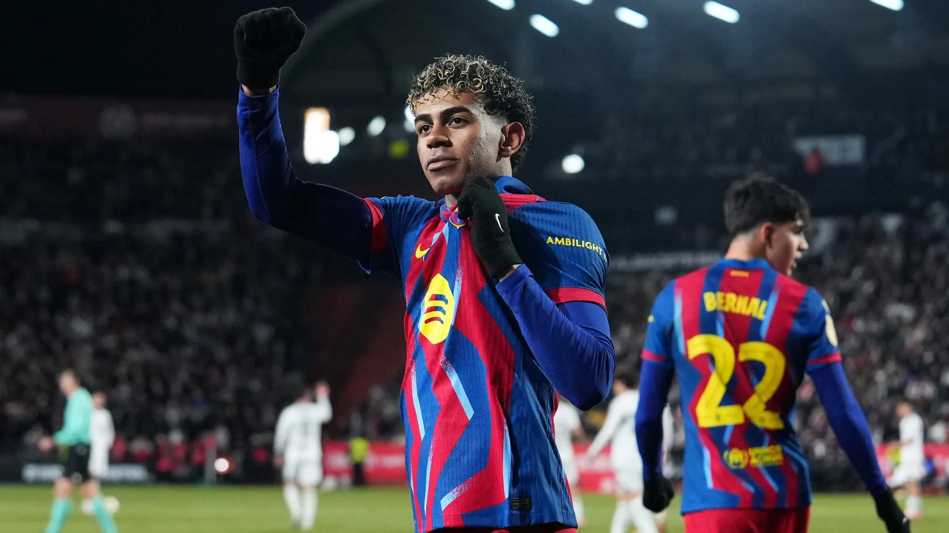 Lamine Yamal celebrates during the Copa Del Rey quarterfinals (Source: Angel Martinez/Getty Images)