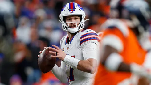 Josh Allen #17 of the Buffalo Bills looks to pass against the Denver Broncos in 2026.