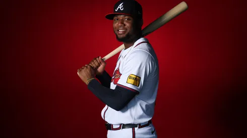 Ronald Acuña Jr. #13 of the Atlanta Braves poses for a photo.