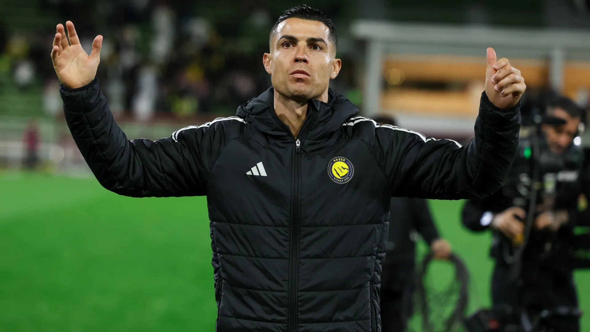 Cristiano Ronaldo of Al Nassr celebrates victory after winning the Saudi Pro League match. Yasser Bakhsh/Getty Images