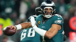 Jalen Hurts #1 of the Philadelphia Eagles looks to pass in a game in 2026.